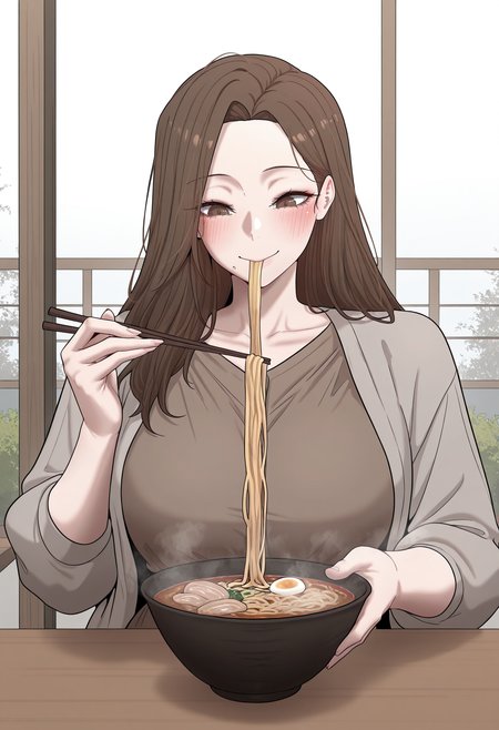 highres, best quality, masterpiece, outdoors,
flat colors,
1girl, solo, crypdahee, long hair, brown hair, brown eyes, mature female, curvy,
grey jacket, open jacket, brown dress,
blush, smile, 
sitting, eating, holding chopsticks, mouth hold,
korean fire noodles, steam, table,
<lora:_dahee_life_crypto-elesico-ilxlB-000014:1>
