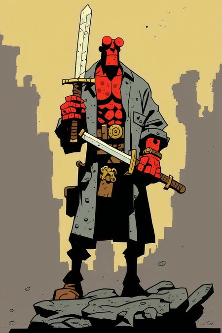 <lora:Mike Mignola Style:1>Mike Mignola Style - hellboy holding a gold greatsword in the style of mike mignola