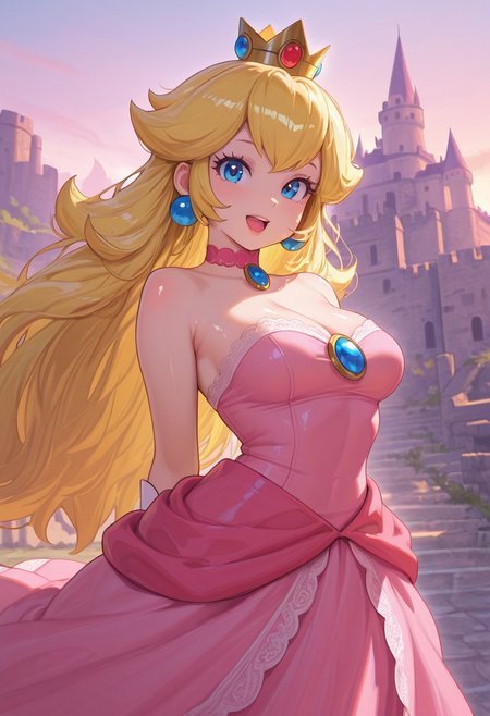masterpiece ,best quality ,amazing quality, uttsft32, 
princess peach,1girl,solo,jewelry,earrings,long hair,breasts,very long hair,big hair,choker,dress,medium breasts,bare shoulders,:d,outdoors,smile,open mouth,shiny,shiny skin,castle,
