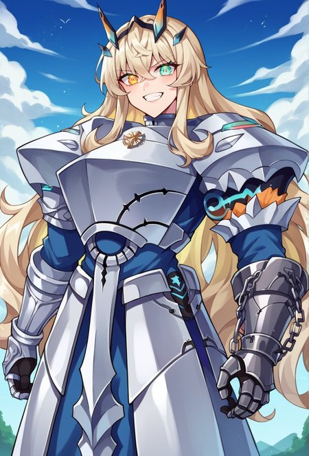 score_9, score_8_up, score_7_up, source_anime BREAK 1girl, solo, looking at viewer, cowboy shot,  <lora:Barghest_Sdxl-11:0.9>, Barghest_Armored, platinum blonde hair, crossed bangs, very long hair, wavy hair, heterochromia, glowing eyes, full armor, glowing armor, armored dress, brooch, collar,shoulder armor, chain, pauldrons, gauntlets, breastplate, boobplate, gloves, armored boots, faulds, vambraces, muscular female, long sleeves, outdoorsm blue sky, medieval, evil grin,