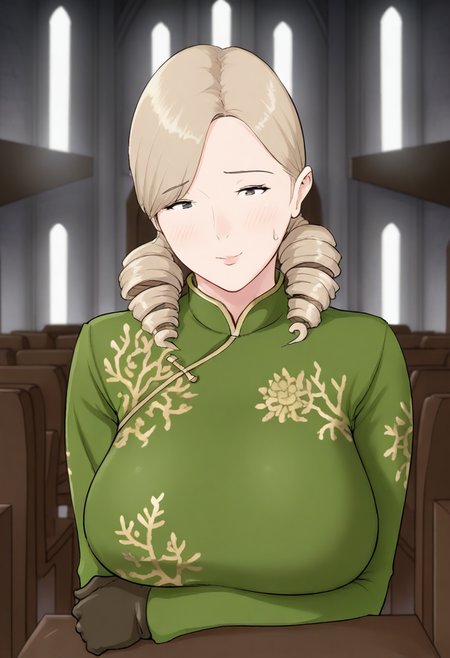 masterpiece, best quality, amazing quality, 1girl, mature_female, solo, large breasts, Pretending to be a pirate with a hook hand, panorama, Coral changpao, twin drills, bun, Dirty Blonde hair, church, cropped_torso, <lora:Illustrous\horsetail_illu:1.0>