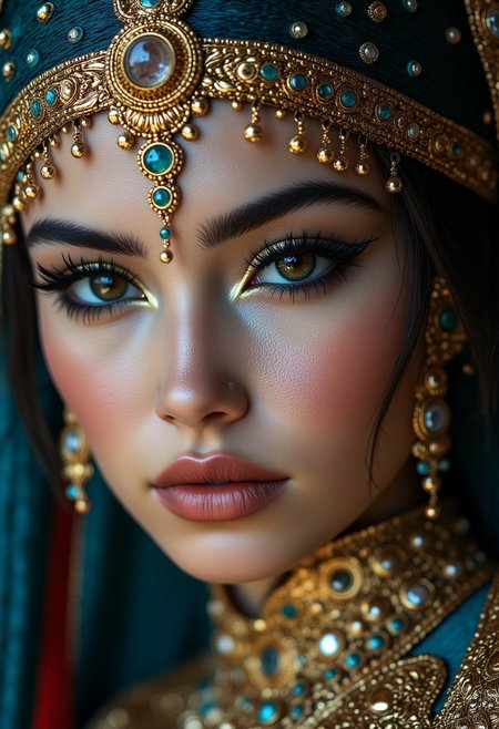 closeup portrait of oriental female warrior, elaborate jewellery, dark eyeliner, eyeshadow, mascara, luis royo-stryle, aidmaMJ6.1, Used colours gold, cyan and black