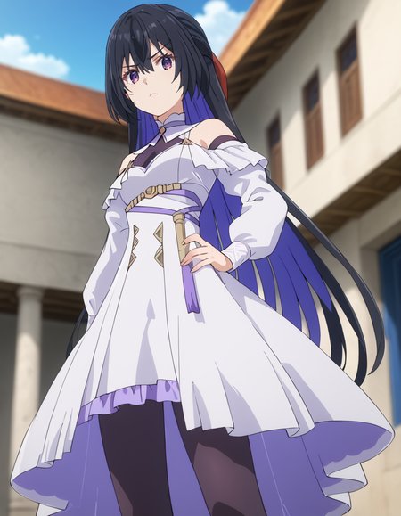 score_9, score_8_up, score_7_up, source_anime, BREAK
1girl, solo, looking at viewer, blurry background, sky, from below, serious expression, outdoors, pointing at viewer, hand on own hip, standing,
tinasha (unnamed memory), long hair, multicolored hair, black hair, purple hair, half updo, hair between eyes, hair bow, purple eyes,
white dress, off-shoulder dress, detached sleeves, puffy sleeves, frills, belt, black pantyhose, black high heels,
<lora:tinasha-unnamed_memory_s2-pxl-anime-soralz:1>