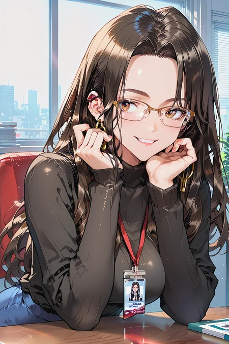 score_9, score_8_up,  score_7_up, score_6_up,
1girl, solo, ct_yeon, long hair, semi-rimless eyewear, (large breasts), hoop earrings, pure skin, black hair, brown eyes,
black sweater:1.5, turtleneck sweater, lanyard, id card, blue pencil skirt, long sleeves, 
sitting, head rest, playful smile, clenched teeth, looking to the side, 
on office chair, desk, 
office, window blinds,
urushihara satoshi style, detailed background,
<lora:SoYeonGoo_Pony_ct:0.8>, <lora:woman_consistency_v2-loha:0.4>,  <lora:super lora_flyx3_XL_PONY:0.4>,  <lora:pixivtext2:0.2>,  <lora:AenuaV1:0.5> ,  <lora:gg3:0.6>, <lora:Akizero_v2.3_retrain:0.3> , <lora:cnv3mdde878c738thn20:0.4>,  <lora:Seto_Yuuki_PonyXL_dim32:0.35> , <lora:ZHAOP:0.35>, <lora:style1:0.4>,  <lora:Sleepy_Style_HentaiSFW:0.4>