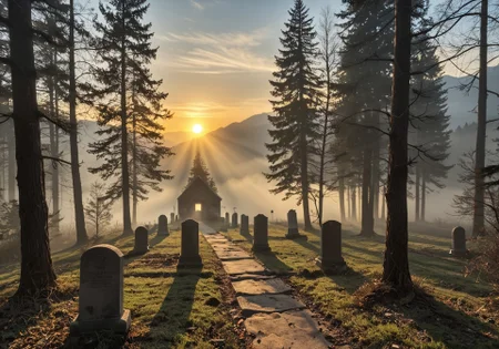 asterpiece, best quality, ultra-detailed, depth of field, intricate details, highres,
sunrise, mist, fog, forest, mountain, old abandoned graveyard