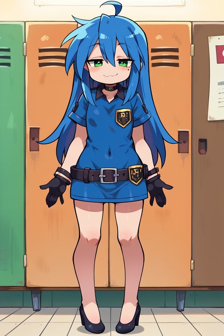 score_9, score_8_up, score_7_up,score_6_up, uncensored, full body,
1girl, solo,  <lora:konata:0.7>, Konata Izumi,  long hair,blue hair, ahoge, green eyes, mole, petite girl, short girl, cute girl,
indoors, lockerroom, smug,flat breasts,
<lora:Zankuro_Style_Pony:0.5>,
 <lora:LOMsSafety:0.7>, police uniform, police badge on belt, blue dress, short sleeves, zipper, belt, black gloves, covered navel, high heels, black choker,