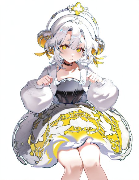 <lora:yinxiangnang-000014:1>,yinxiangnang,1girl,solo,looking at viewer,white background,simple background,cowboy shot,white hair,sitting,, masterpiece, best quality, very aesthetic, absurdres,newest, incredibly absurdres,, (tsukishiro saika:0.8)