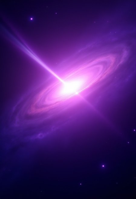 A highly detailed quasar floating through the galaxy, raw lighting, glowing accretion disc, jetting out a blinding purple ray of light from its center, glowing, absurd resolution, masterpiece, countless stars and pink nebulae in the background, 4k, highly detailed