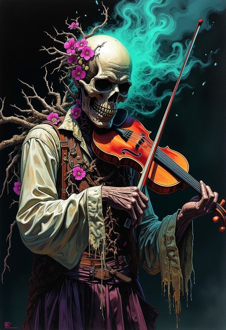 A decaying zombie violinist with shredded clothes, its face half-missing to reveal a glowing skull beneath, playing a violin that seems to be made of bones and vines, the strings emitting iridescent notes in shades of teal and magenta, smoke rising from the violin in the shape of twisted flowers, the brushwork reminiscent of Pieter Claesz’s detailed textures combined with psychedelic dreamcore colors that pulse against the deep chiaroscuro shadows
