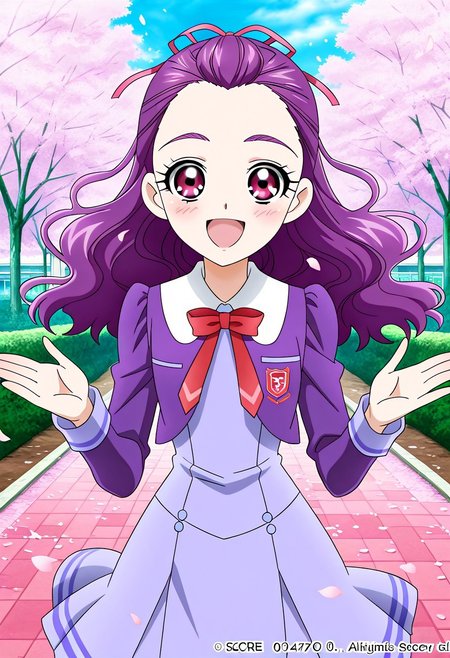 score_9, score_8, score_7, Detailed background, detailed background, outdoor,official art,  kurumi, 1girl, solo, school uniform, long hair, smile, ribbon, eyelashes, open mouth, hair ribbon, blush, :d, purple skirt, skirt, petals, happy, looking at viewer, bow, anime style