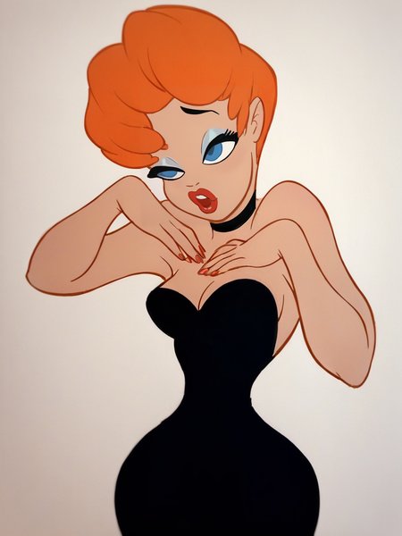 score_9, score_8_up, score_7_up, score_6_up, score_5_up,  <lora:texaveryXLP:1> tex avery, 1girl, orange hair, solo, lipstick, blue eyes, short hair, black dress,