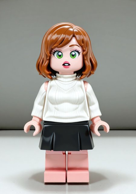 masterpiece,best quality,amazing quality, 
1girl, solo,  <lora:LegoMinifigV10IllustriousXL:1> legominifig, G1na, brown hair, green eyes, white turtleneck sweater, black skirt,
looking at viewer, 
 