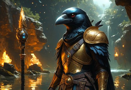 hi-res, detailed, score_9, score_8_up, score_7_up, score_6_up, score_5_up, 1girl, anthro, corvidfolk, paladin, beaked helmet, armored beak, iridescent feathers, starry cosmic background, walking on black water, dark void in the background, floating rubble and ruins, action pose, metal beak, magic scepter, arcing lightning