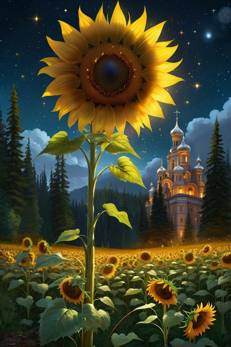 sunflower forest clearing with golden blooms, collapsed celestial observatories where star-map mosaics bloom with night flowers, their remaining towers hosting firefly-constellation artists, cinematic view, epic sky, detailed, concept art, low angle, high detail, warm lighting, volumetric, godrays, vivid, beautiful, trending on artstation, by jordan grimmer, huge scene, grass, art greg rutkowski,
 <lora:detailed_notrigger:0.7>, <lora:add-detail-xl:0.3>, oil painting art style from Renaissance period, masterful composition, Renaissance mood, renaissance oil painting, brush strokes, Baroque art style, dynamic composition, dramatic lighting, rich colors, intricate details, professional-grade execution, captures the grandeur and theatricality of the Baroque period