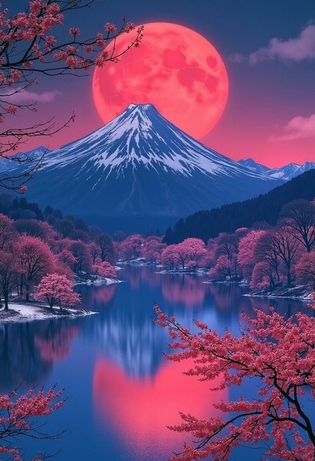 psychedelic night winter landscape, (stunning artwork) sakura garden, serene mountains, sparkling lake, (dark red full moon) hazy atmosphere, snow-covered terrain, (perfect composition) low angle perspective, (award-winning masterpiece) ultra-detailed, breathtaking colors, magical mystique, vivid imagery, (8k) (UHD), (in the style of grimmold) artistic flair, captivating seasonal harmony