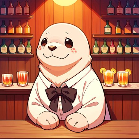 score_9, score_8_up, score_7_up, rating_safe,
seal (animal), white fur, grey fur, spotted, chueh, no humans, animal focus,
sitting at bar, smile, formal, [cute], rounded, tophat