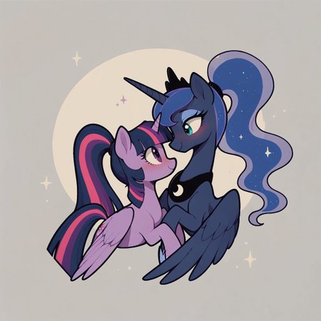 safe_pos, score_9, score_8_up, score_7_up, score_6_up, score_5_up, score_4_up, princess luna, twilight sparkle, alicorn, cute, female, lesbian, looking at each other, mare, mare on mare, ponytail, hug, duo, (colored wingtips), love, blushing