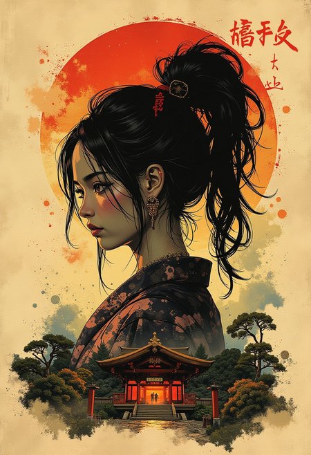 nistyle, Inkplash art on rice paper, sepia, henna , Silhouette Art, magnificent, inksplash poster art,  double image, crisp lines, shinto shrine, fantasy Japanese princess, bangs, sidelocks, earrings, necklaces