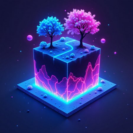 M1CR0CUB3D, aidmafluxpro1.1, A cubed world where neon trees grow from shimmering synth-soil, each trunk embedded with fiber-optic veins. The surface glows faintly under a twilight sky while below, crystalline roots connect to a buried AI core, pulsing with blue and magenta light. Harsh rim lighting creates high contrast, while floating data-pollen particles glimmer like stars. Style: hyper-detailed digital illustration, cool palette with deep purples and cobalt, sci-fi minimalism meets nature.