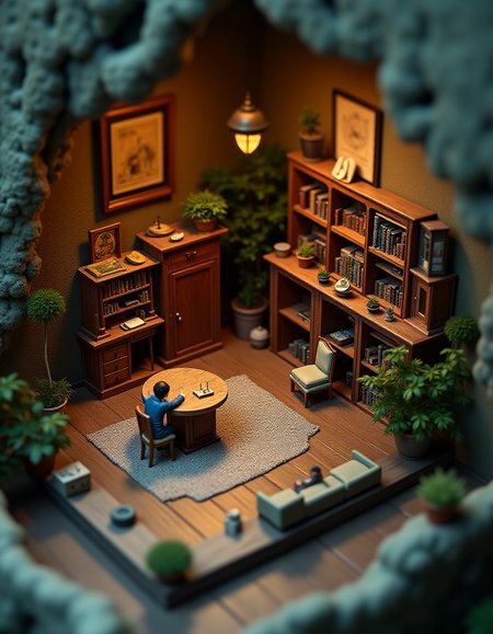 (indoor,very wide isometric view,tilt-shift lens:1.6), (miniature,diorama,no_realistic,no_photo:2) of (stasis _chamber:1.5), library