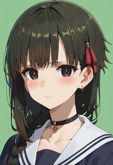 score_9,score_8_up,score_7_up, <lora:yuki_yokoya_pdxl_goofy:1>yuki yokoya, looking at viewer, black choker, jewelry, white sailor collar, earrings, multicolored hair, green background, school uniform, simple background, closed mouth, collarbone, portrait, blush, 1girl, serafuku, hair ribbon