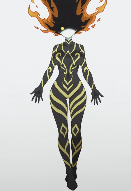 score_9, score_8_up, score_7_up, anime screencap, BREAK
1girl, dimaria, long hair, yellow eyes, no pupils, fiery hair, one eye,
bodysuit, colored skin, glowing, large breasts, neon trim, no nipples, thigh gap,
standing, full body, solo, looking at viewer, (simple background, white background:1.3)  <lora:DimariaYestaGodSoulPDXL_byKonan:1>