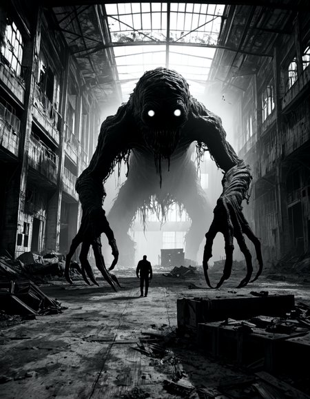 score_9, score_8_up, score_7_up, horrorcctvlora, monochrome, abandoned building, monster, greyscale, dark, glowing eyes