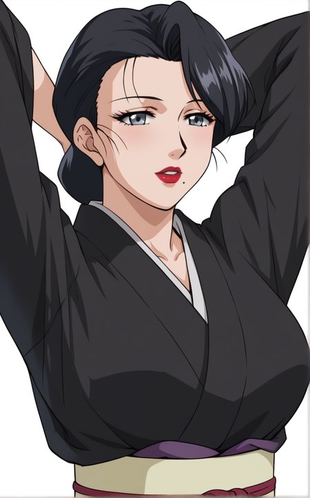 score_9, score_8_up, score_7_up, 1girl, contrapposto, arms up, standing, open mouth, arm behind head, looking to the side, white simple background, cowboy shot, parted lips, <lora:PONYXL_MistreatedBride_SumieTakayanagi_ownwaifu:1>, BREAK BlackKimono_SumieTakayanagi_ownwaifu, 1girl, black hair, black kimono, breasts, grey eyes, japanese clothes, lipstick, makeup, mature female, mole under mouth, red lips, short hair, single hair bun, eyelashes, sash, hair up, large breasts, lips, long sleeves, obi, <lora:add-detail-xl:0.15>,