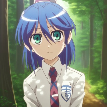 score_9, solo, aizawa_nagisa, blue hair, green eyes, necktie, school uniform, forest, trees, cute, natural lighting