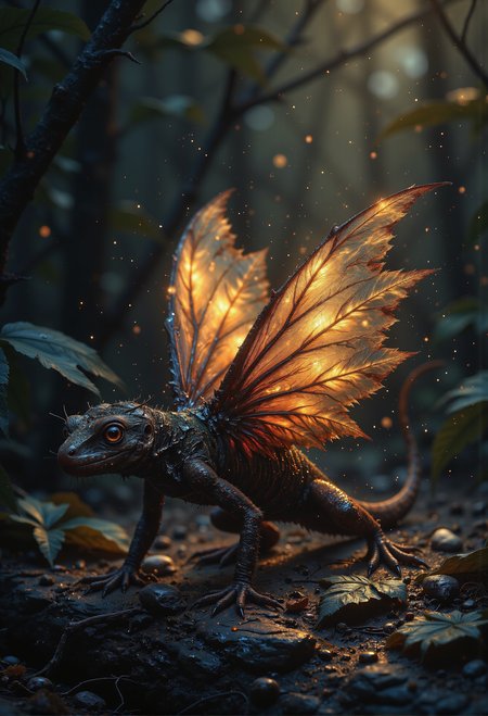 Envision a fire salamander with delicate, translucent wings that shimmer with a soft, ethereal glow. These gossamer wings, adorned with subtle hints of orange and gold, flutter gently as the salamander moves, creating an enchanting display of light and color against its dark, speckled skin., deep depth of field, photography, Natural geographic photo, Hyper-realistic, 16k resolution, (masterpiece, award winning artwork), many details, extreme detailed, full of details, Wide range of colors, high Dynamic, <lora:Midjourney_Dreamlike_Fantasy_FLUX_LoRA.safetensors:0.5>,  <lora:- Flux1 De-Distilled - temp_haunting_cre_1.0.safetensors:0.5>, <lora:we-br-v2.safetensors:0.5>,