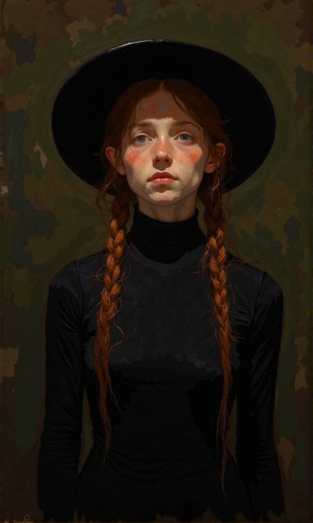 A woman with long, reddish-brown hair and a black hat and dress.
The woman is centered in the frame and is looking directly at the viewer. Her expression is somewhat serious and thoughtful. She wears a black, fitted turtleneck dress with long sleeves. 
Her hair is styled in two long, loose braids that fall down her back.  Her hair appears to have a healthy sheen and a slightly textured quality.
A black wide-brimmed hat sits atop her head. 
The woman's skin is light-toned, and her eyes are a light grayish-blue. Her makeup is subtle, with a hint of rosy blush and a neutral lip color.
The background is a dark olive-green or brown, textured backdrop that gently fades in tone from the front to the back of the image. The lighting is well-directed, highlighting the woman's features while maintaining a slightly moody or dramatic atmosphere., <lora:FLUX-daubrez-DB4RZ-v2:1> DB4RZ, DB4RZ style painting