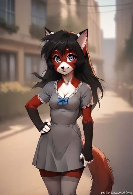 Score_9, score_8_up, score_7_up, score_6_up, score_5_up, score_4_up,iskrastyle, highly detailed, rating_explicit, ara, furry, cat girl, 1girl, (Mature:1.1),  solo, 2 piece 
dress, pencilskirt, socks, smile, grey dress, cleavage short sleeves, cosplay, bow, cotton tights, long hair, kneehighs, standing, cowboy shot, background, outdoor, blurry background, hand on hip, v, crowded, perky breasts, city, solo focus, <lora:Smooth Anime Style LoRA XL:0.7>