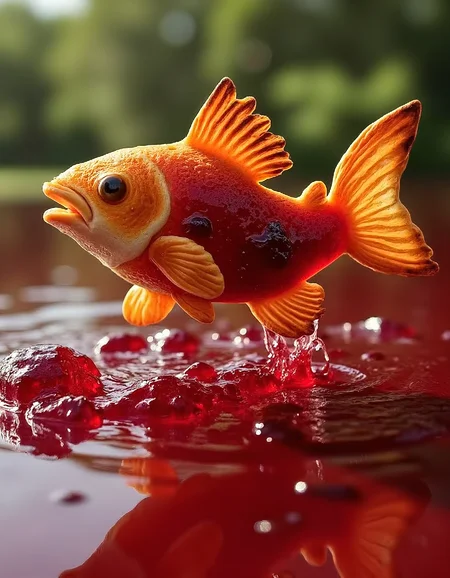 detailed photo of a fish made from toasted bread is jumping out of a lake filled with red jam