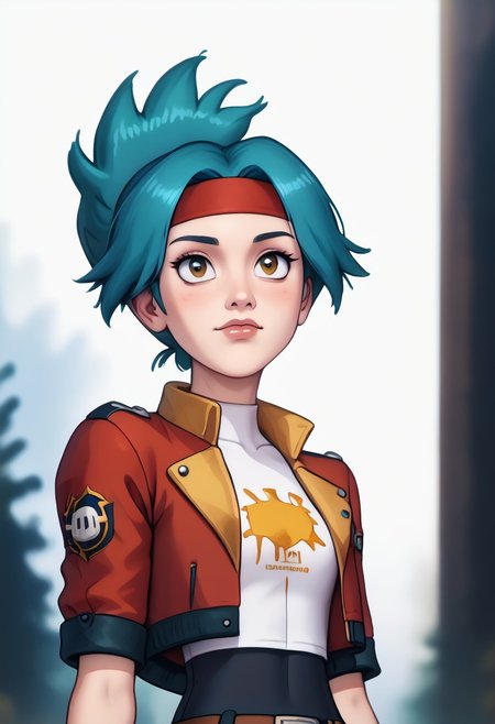 score_9, score_8_up, score_7_up, score_6_up, PRSNL_3_1, uncensored, pupils black dots, lips,
upper body, best quality, masterpiece, 4k, realistic, warm light,
1girl, solana, blue hair, ponytail, brown eyes
headband, cropped jacket, open jacket, red jacket, fingerless gloves, belt, shoes, thighhighs