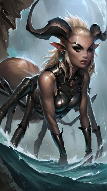 <lora:4r4chn1dPony:0.65>, score_9, score_8_up, score_7_up, score_6_up, score_5_up, score_4_up, closeup of 4r4chn1d, fantasy concept art, digital art, oil painting, realistic, detailed face, solo, arachnid, Water buffalo inspired desktop wallpaper, official_wallpaper, atmospheric, warrior, (evil:0.6), combat stance, holding a weapon,  platinum blonde hair, Micronesian skin, Curly Afro, in location monsoon jungle, (Masterpiece:1.3) (best quality:1.2) (high quality:1.1)