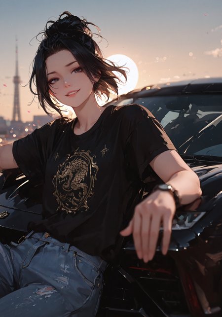 masterpiece, best quality, good quality, very aesthetic, absurdres, 
newest, 8K, depth of field, focused subject,visual storytelling,dynamic composition,
close up, stylized, scenery, bokeh,blurred background, 
Black Myth Wukong, male sun wukong, 
chinese mythology,( dynamic pose:1.3), smirking face,
upper body focus,
casual clothes, wearing luxurious jeans and luxurious black t-shirt with gothic design, expensive black watch
windblown hair, 
dramatic sky, celestial clouds, floating mountains, mythic scale, sakura petals, mystic mist, 
cinematic composition, backlighting, volumetric light, vegas city scene, symbolic environment, god-tier illustration,(sketch:1.3), laying on a lamborghini aventador with spoiler and body kit (car is black, chrome carbon fiber details), kicking pose