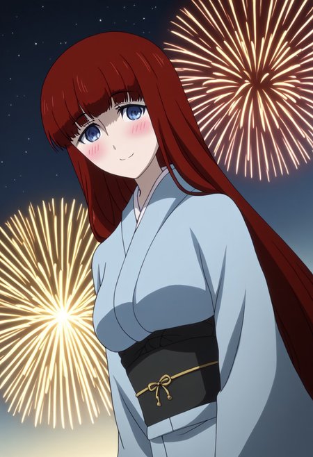 rating_safe, Ultra-high-detailed Anime illustration of Kagari Shiina from Anime Steins;Gate 0. 
The artwork features Kagari in a solo, standing position with a outdoors, flield, and night background. night time. night.
She is depicted with intricate details showcasing her large breasts, natural_breasts. She is a white skinned, 22 years old woman. Kagari is looking_at_viewer with perfect_eyes, Her pupils are highly detailed. The eyes are open. blue eyes. Kagari's eyes are highlighted. Highlighted eyevrows. 
She has long hair, red colored hair, styled in blunt bangs and floating hair.
She is wearing a blue kimono and black shoes. japanese kimono, kimono.
The artistic style is intricate_details_xl with a focus on Anime art. The color palette emphasizes red and black with detailed strokes to bring out the character's features. The lighting creates dramatic shadows and highlights, adding depth to the artwork. The perspective is from a face focus, dutch angle to enhance the impact of the character's expression. This masterpiece is a true portrayal of Kagari's complex personality and will captivate any fan of Kagari. uncensored, upper body, blushing, smile, Kagari Shiina,
perfecteyes,
<lora:Steins_Gate:1>
kimono
happy new year!, Happy New Year fireworks, Happy New Years