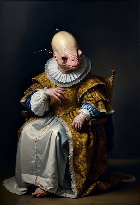 realistic oil painting, retro artstyle, score_9, score_8_up, score_9_up, very detailed, ultra realistic, (best quality) full body, very detailed masterpiece, portrait of an alien creature in medieval environment, very dark background, baroque style, very dramatic lighting, rembrandt style vermeer style full body, realistic realistic, realism, photo realistic oil painting, photo realistic painting