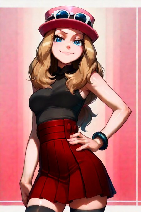 masterpiece, best quality, 1girl, solo, beautiful eyes, zzSerena, solo, long hair, blue eyes, eyewear on headwear, pink headwear, eyelashes, sleeveless shirt, black shirt, bracelet, high-waist skirt, red skirt, black thighhighs,  <lora:SerenaPokemonIXL_v2:1.0>,   <lora:IncaseIXL_v1:1.0>, cowboy shot, hand on hip, smug, smile, looking at viewer, shiny skin,