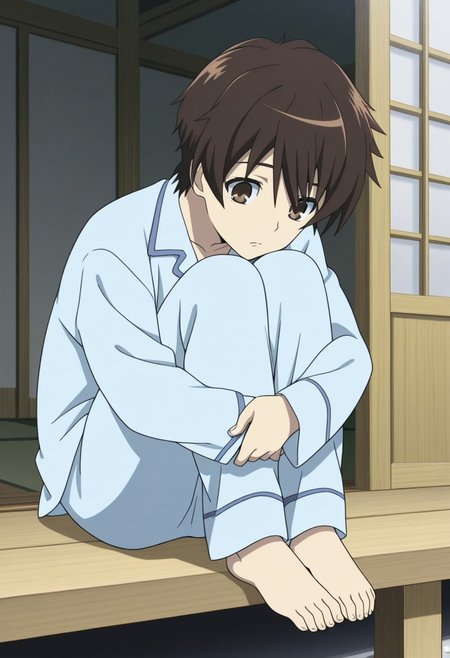 masterpiece,best quality,amazing quality, source_anime,
KoichiSakakibara, 1boy, male focus, solo, brown eyes, brown hair, pajamas, sitting, hugging own legs, veranda, shouji,