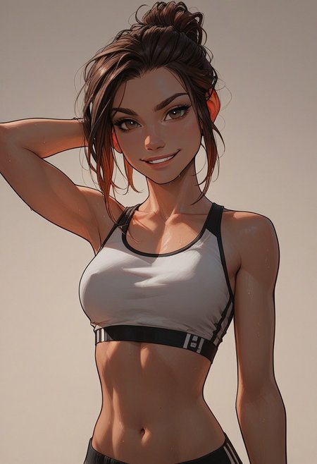 (score_9, score_8_up, score_7_up). ( line work, excellent drawing, highest quality, extremely detailed:1.2). 1girl, 20 years old, perfect face, adult face, solid brown eyes, dark brown eyes, long lashes, short ponytail, dyed hair, soft skin, nympho, relaxed, confident posture, assertive, smirk, sweaty, shiny look, petite, athletic body, statuesque, fit, v line, gym girl, activewear, crop top, no bra, perky, g0thicPXL, romantic, cinematic lighting, volumetric lighting, source_cartoon, dynamic angle, cowboy shot, medium distance