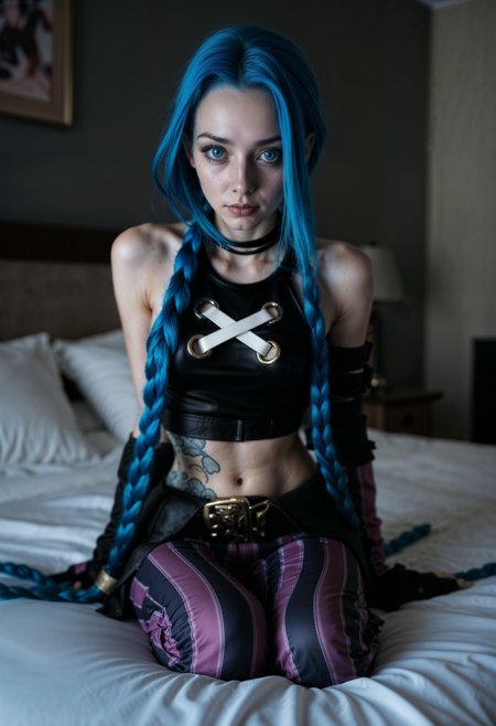 JinxA, ultra realistic photo of a woman with blue hair sitting on a bed  <lora:FluxJinxV2:1>