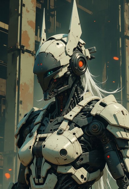 In the style of ff-td, nistyle, Silhouette Art, magnificent, Photorealistic portrait of a faceless android warrior in gleaming silver and chrome. Features a striking helmet design with a sharp, central V-shaped faceplate made of matte black segmented plates, converging to a point. Flanked by tall, slender, slightly curved fin-like antennae/crests rising vertically. Extremely intricate mechanical neck and upper torso visible, showcasing layered dark gunmetal plating, exposed actuators, wiring, and complex joints. Contrasting white or silver synthetic cables resembling long hair flow down from the helmet base. Set against a gritty, out-of-focus industrial or urban decay background. Cinematic lighting, hyperrealistic textures, shallow depth of field