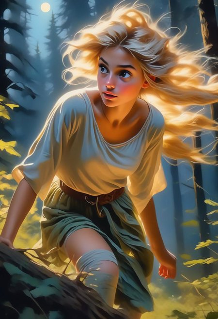 8K, HDR, RGB, Close-up, Hyperrealism, Oil Painting, Scene Detail, Stunning Looks, Super High Quality Detail, UHD, Top Angle,
a teenage girl, a fairy, rushes through the forest, wearing tattered clothes, navigating twisting dangers. The dim moonlight reveals a pale, trembling figure with blurry golden hair, hyperrealism, intricate detail, amazing craftsmanship, depth of field, sharp focus, dynamic action poses, creative poses, elegance,
Greg Rutkowski, Studio Ghibli Genshin Impact