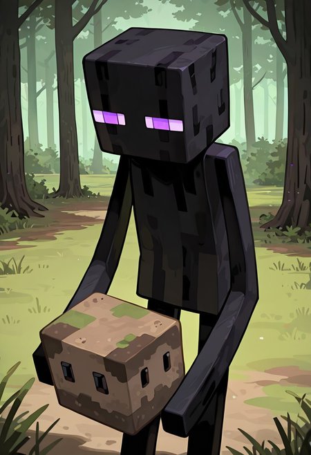 masterpiece, best quality, amazing quality, very aesthetic, absurdres, newest, , detailed background, 
klskx
enderman, no humans, purple eyes, rectangle eyes, , solo, male focus, black skin, no mouth, square head, square body, black head , pokemon (creature), 
holding dirt block, forest, dirt block, grass, woods,