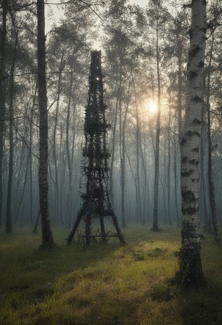 Caspar David Friedrich (romanticism), Pine barrens with charred tree skeletons, birch bark peeling scrolls, napoleonic-era signal tower,corncrake in tall grass.,Art painting by Makoto Shinkai and Fiona Staples and Tran Nguyen, featured on Caravaggio,,
artstation trending, macro lens, volumetric light,
<lora:Illustration_Insanity:0.3>,
<lora:dreamshaperXL10_lora:0.7>,
<lora:extremely_detailed:0.3> extremely detailed,
<lora:DetailMaximizer:0.3>,, Surrealism art style, dreamlike and irrational imagery, explores the unconscious mind, juxtaposition of unlikely elements, challenges reality and logic