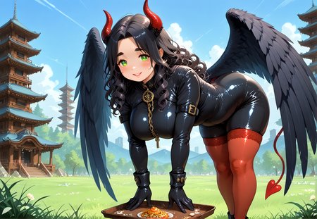 IllusP0s, PonyScores7, source_anime, ah1, IllustriousQual, interesting, exciting, spectacular, wonderful, 
BREAK <lora:xl_more_art-full_v1:0.2>, <lora:aesthetic_anime_v1s:0.2>, <lora:EpicF4nta5yXL:0.2>, <lora:detailxl:0.2>, detailxl, <lora:Fant5yP0ny:0.2>, amazing quality, best aesthetic, absurdres, illustration, Volumetric_Lighting, ultra-detailed, very aesthetic, intricate details, best_quality
BREAK ((serving on a tray rolls)),
BREAK Stable_Yogis_PDXL_Positives, AS-Adult, <lora:Complicated fantasy portrait - XL Pony V2.0:0.2>, bad-hands-5, <lora:HDA_Detailer:0.3>, <lora:natsumi_style:0.5>, <lora:by_usakun-pony:0.4>, by usakun, <lora:Akina_Bbw_Style_-_PonyXL:0.2>, AkinBw, ((first person perspectives, First-person perspective)),
BREAK 1girl, mature female, (curvy), round-chin, caucasian, <lora:ETO_OC_Illustrius:0.5>, eto_oc, skindentation, (plump), thick thighs, wide hips, busty, voluptuous, <lora:venus body PonyXL:0.3>, <lora:shinyskin2:0.2>, glistening skin, HDA_FatGirlXL, large breasts,
BREAK ((<lora:SuccubaCostume:0.8>, red horned, black heels, black and red demon wings, feathered wings, black sleeves, black gloves, Jed-scbac, succuba, red stockings, black leather bodysuit, demon tail)),
BREAK (curly hair), long hair, (black hair:1.4), (parted hair:1.7), messy hair, kinky curls, <lora:hairdetailpxl:0.2>, hairdetailpxl,
BREAK (half green and brown eyes), (colorful eyes), (multicolored eyes), (downturned eyes:1.4), <lora:expressive eyes:0.2>, expressive eyes, <lora:eyedetailpxl:0.2>, eyedetailpxl, <lora:Eyes_High_Definition:0.2>, EyesHD, (round face:1.2), (thick eyebrows:1.3), (plump face), <lora:Round_face:0.2>, lips, 
BREAK ((mischievous, smiling at viewer, shy)), <lora:Expressive_H:0.2>, Expressiveh, <lora:Emotional_Anime_Expressions_PonyXL_Concept:0.2>, emotional, <lora:Best_Facial_Expression_LoRA_PONY:0.2>, looking at viewer, <lora:Detailed expressive EXEV style -XL Pony V1.0:0.2>, FaceDetail,
BREAK (((Pagoda Building))), <lora:Background Detailer - SDXL:0.8>, 4k, 8k, Ultra HD, Masterpiece, Best quality, Detailed background, <lora:Add_more_details_V2_XLpony:0.4> full_details,