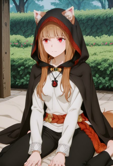 holooutfit3_cloaked, 1girl, long brown hair, bangs, red eyes, fox ears, medium breast, | on top hooded cloak, short cape, red patterned trim, clasp, white shirt, long sleeves, loose shirt, black long pants, cropped pants, necklace, pendant, red braided sash, 
 <lora:Holo_IL:1>,
 (Character,),score_9,score_8_up,score_7_up,masterpiece,best quality,absurdres,perfect anatomy,1girl,solo,wariza,sitting,hands on own knees,garden background,.