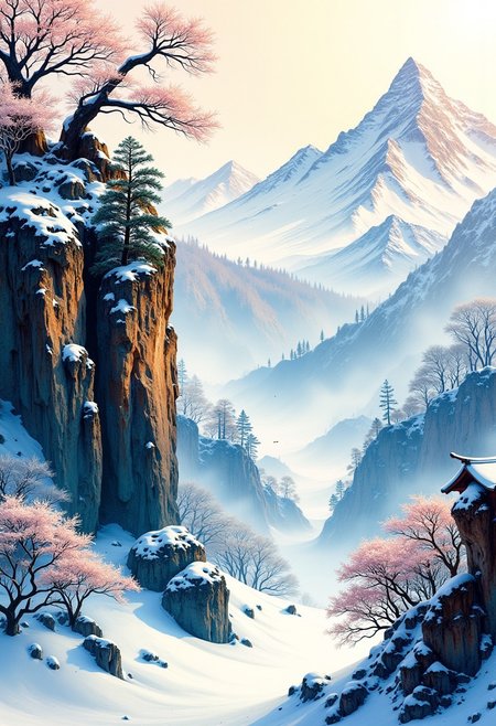 An fine ink splash painting with bold and thick brush touching, masterpiece, highly detailed foreground, ambient lighting, ultra-fine painting, extreme detail description, bokeh, side view, beautiful rendering, (blurry realistic very low saturation background), professional, healing,
unbalance composition, blank space, vacant, void, 
heavy blizzard, 
Misty, (backlight:0.5), (silhouette:0.1),
day, background is snowing japanese traditional mountain and cascade cliff, Ginkgo, very cold and windy, blurry foreground, snow splashing light in air, romantic atmospheric background