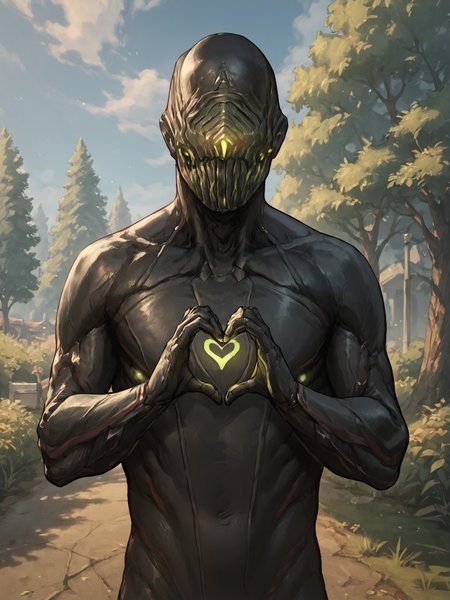 score_9, score_8_up, score_7_up, score_6_up, score_5_up, score_4_up, detailed background, outside, park, tree, sky, upper body BREAK
<lora:StalkerWF_PDXL:0.8> StalkerWF, black body, green mask, looking at viewer, hand heart, standing, green glow, eyeless